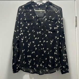 Express Women’s White Bird Print Portofino Shirt - Black (Size S)